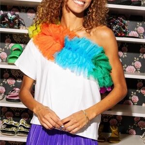 Queen of Sparkles white stretch one shoulder top rainbow tulle detail XS Party